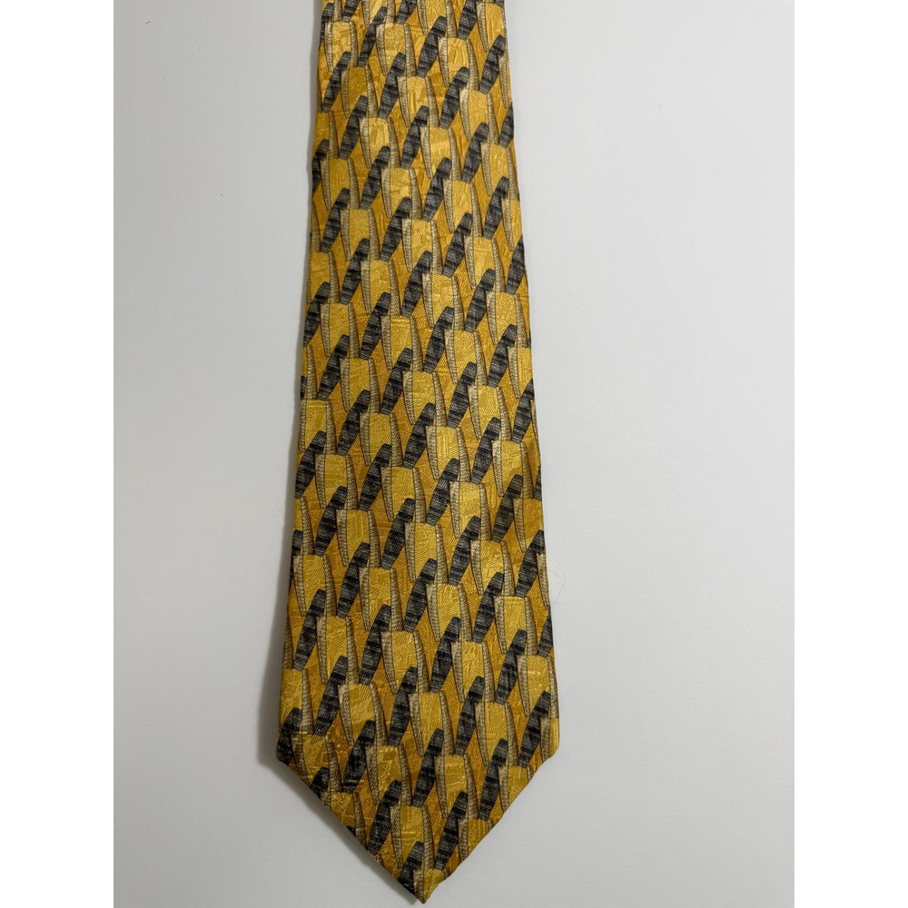 Vintage Geoffrey Beene Silk Tie Gold Yellow Black Geometric Abstract Wide 4" 90s